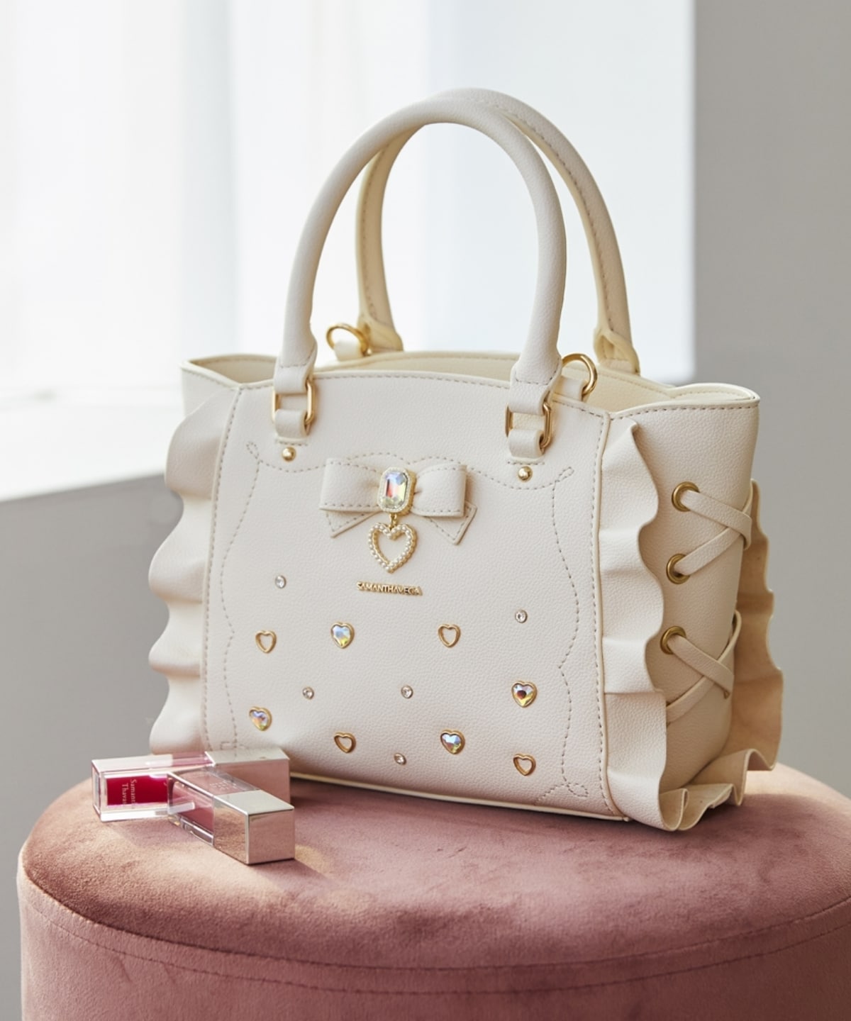 SAMANTHAVEGA Side Lace-Up Ribbon Bijou Mini Flutter Bag | 2-Way Elegant Shoulder & Handbag