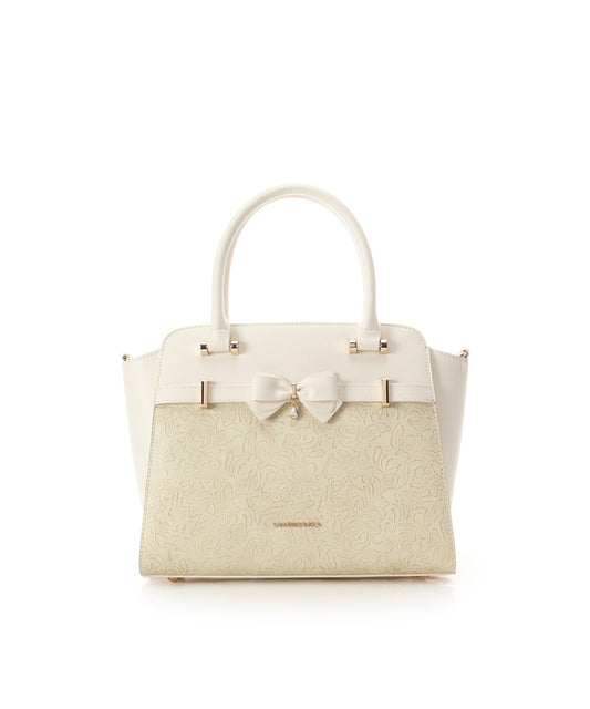 SAMANTHAVEGA Floral Accent Ribbon Handbag | 2-Way Shoulder & Tote with Elegant Cutwork Design
