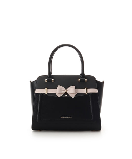 SAMANTHAVEGA Bi-Color Accent Ribbon Handbag Elegant 2-Way Tote with Detachable Strap
