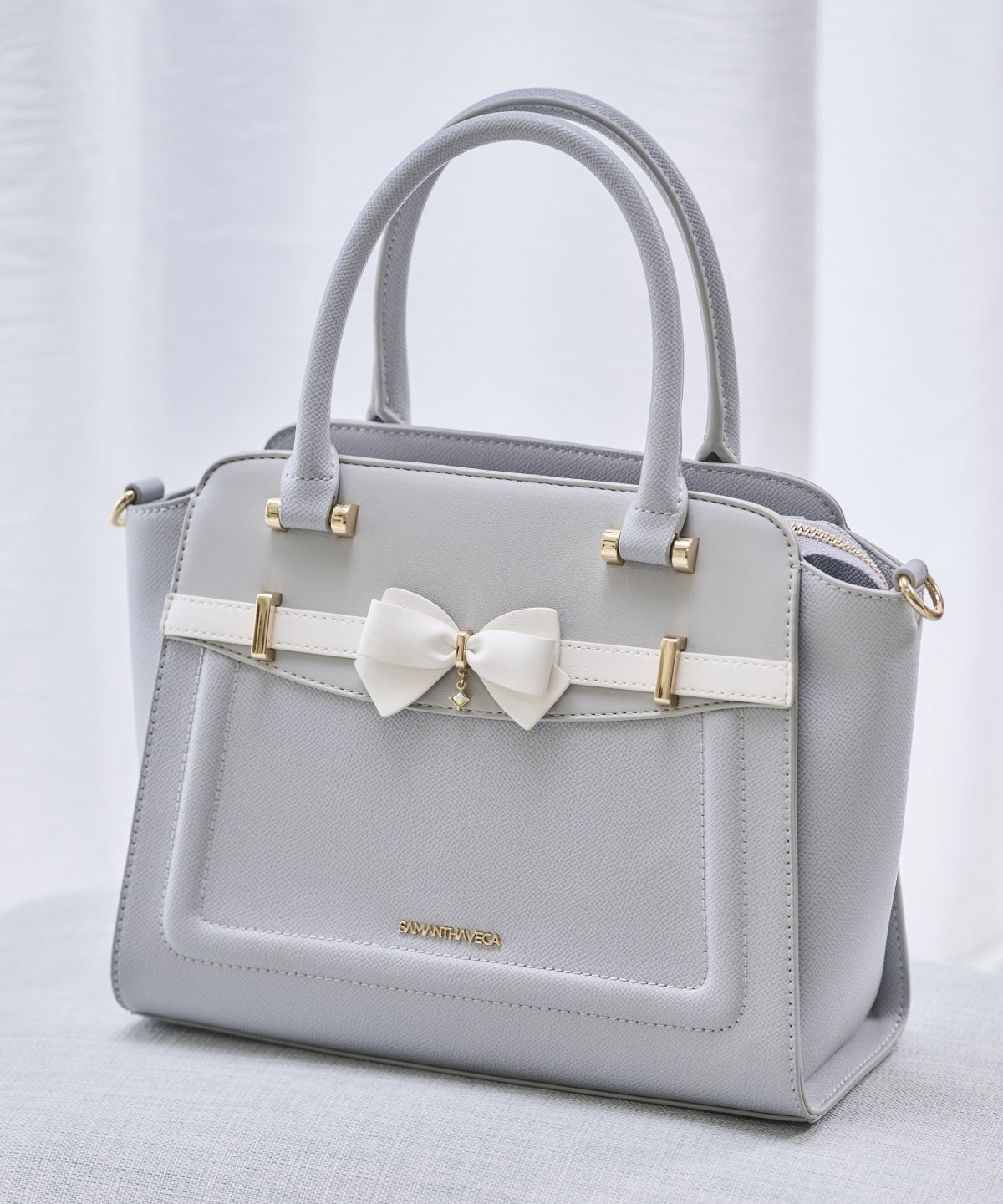 SAMANTHAVEGA Bi-Color Accent Ribbon Handbag Elegant 2-Way Tote with Detachable Strap