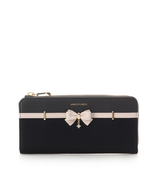 SAMANTHAVEGA Bicolor Accent Ribbon Long Wallet | Elegant Zip-Around with Ribbon & Stone Charm