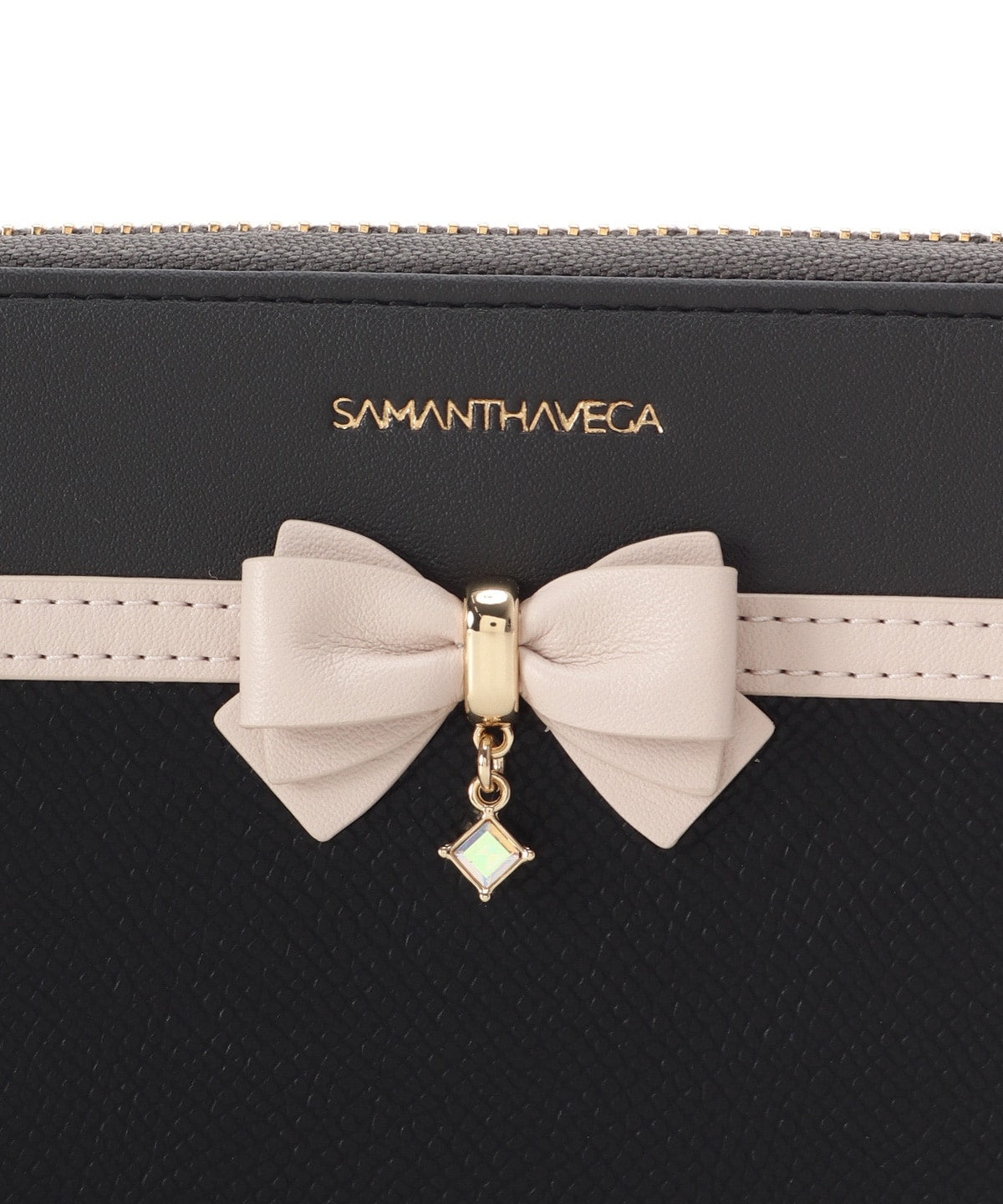 SAMANTHAVEGA Bicolor Accent Ribbon Long Wallet | Elegant Zip-Around with Ribbon & Stone Charm