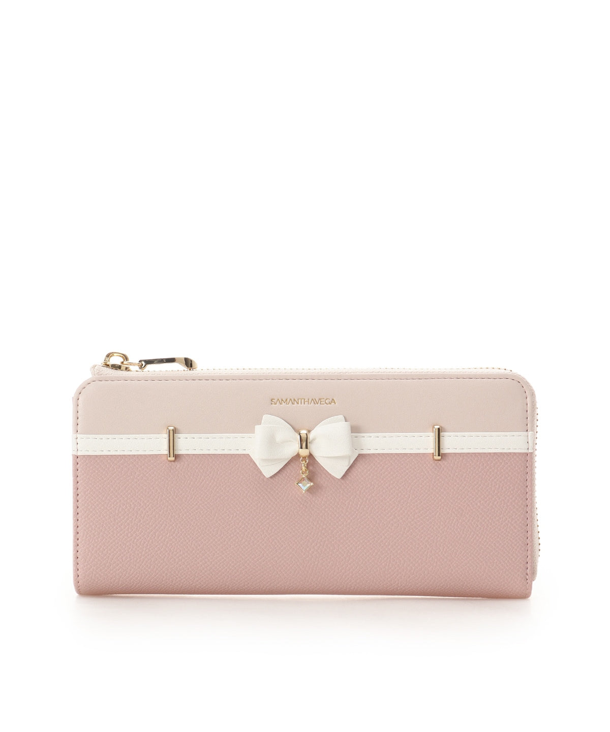 SAMANTHAVEGA Bicolor Accent Ribbon Long Wallet | Elegant Zip-Around with Ribbon & Stone Charm