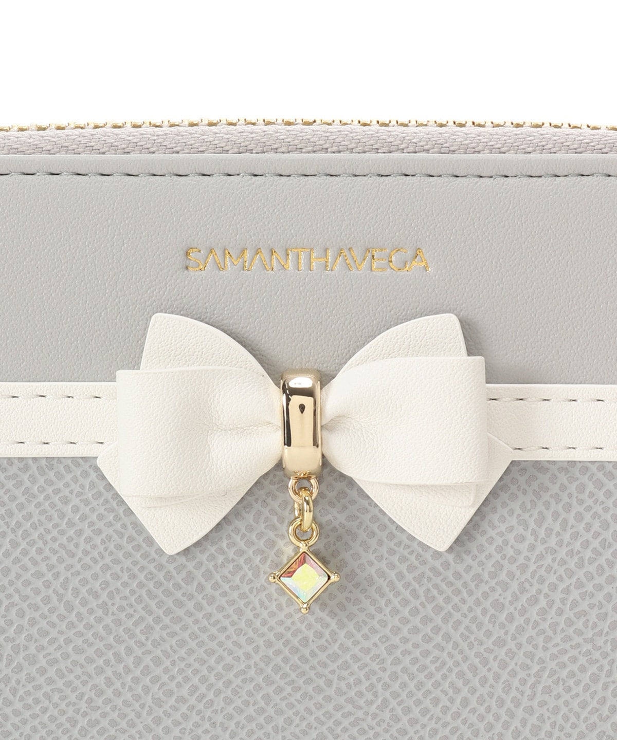 SAMANTHAVEGA Bicolor Accent Ribbon Long Wallet | Elegant Zip-Around with Ribbon & Stone Charm
