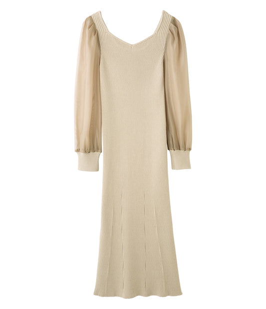 Sheer Puff Sleeve Docking Knit Dress Elegant Bodycon Silhouette with Feminine Sheer Sleeves