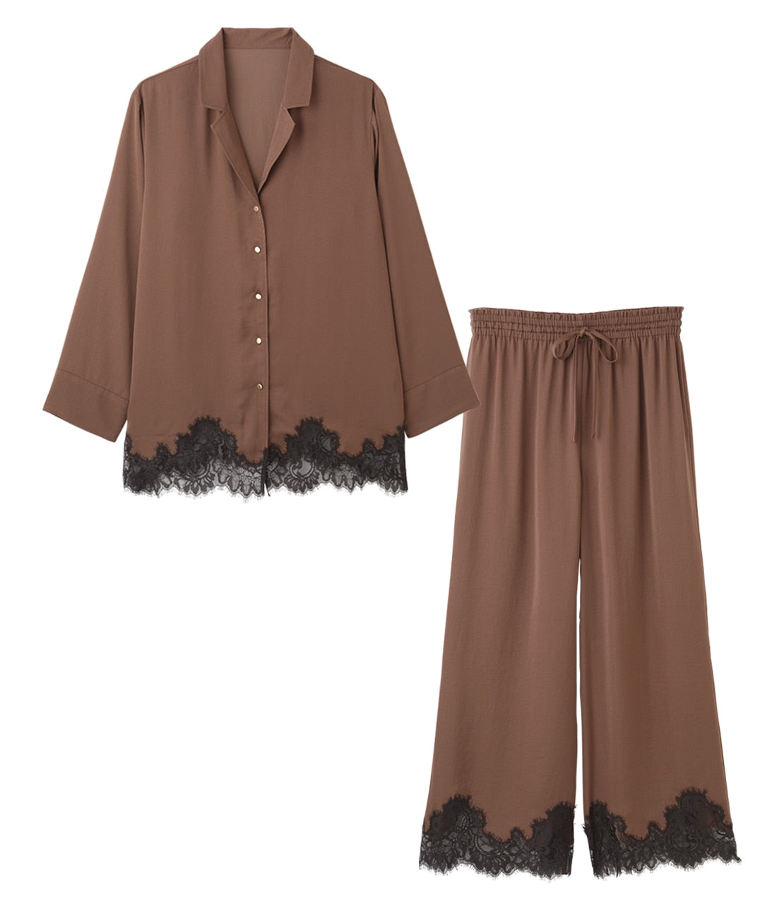 Charme Lace Satin Shirt Pajamas Luxurious Satin & Eyelash Lace Elegance