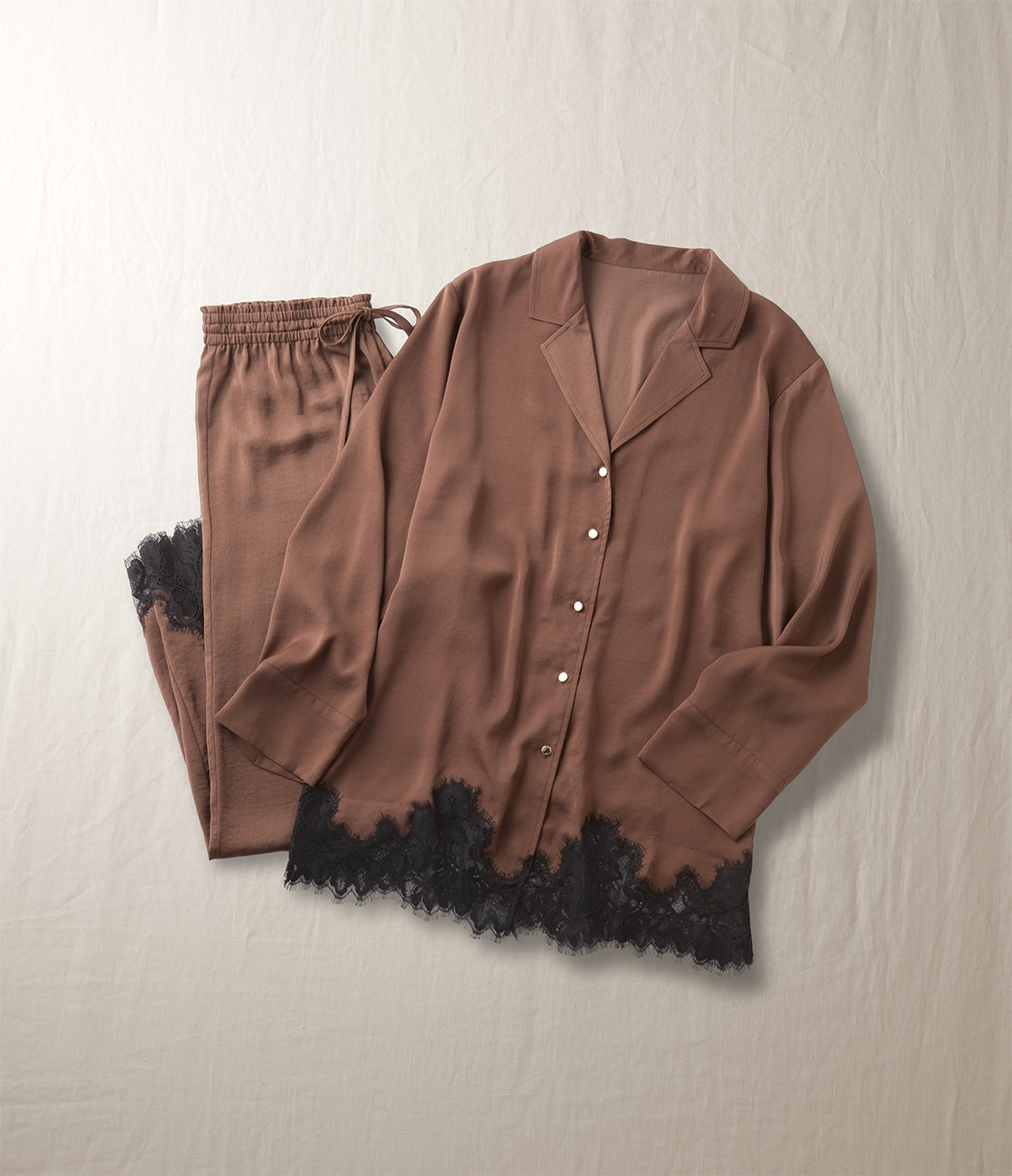 Charme Lace Satin Shirt Pajamas Luxurious Satin & Eyelash Lace Elegance