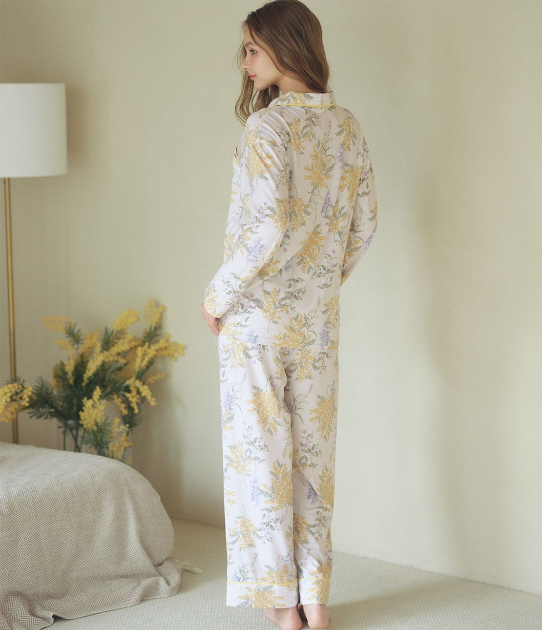 Cut & Sewn Print Shirt Pajamas Smooth Stretch Fabric Floral Loungewear