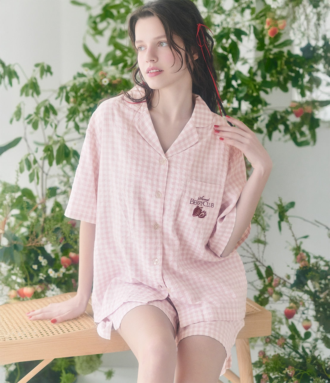 Easy Shirt Pajama Set | Lightweight Loungewear with Fruit Embroidery