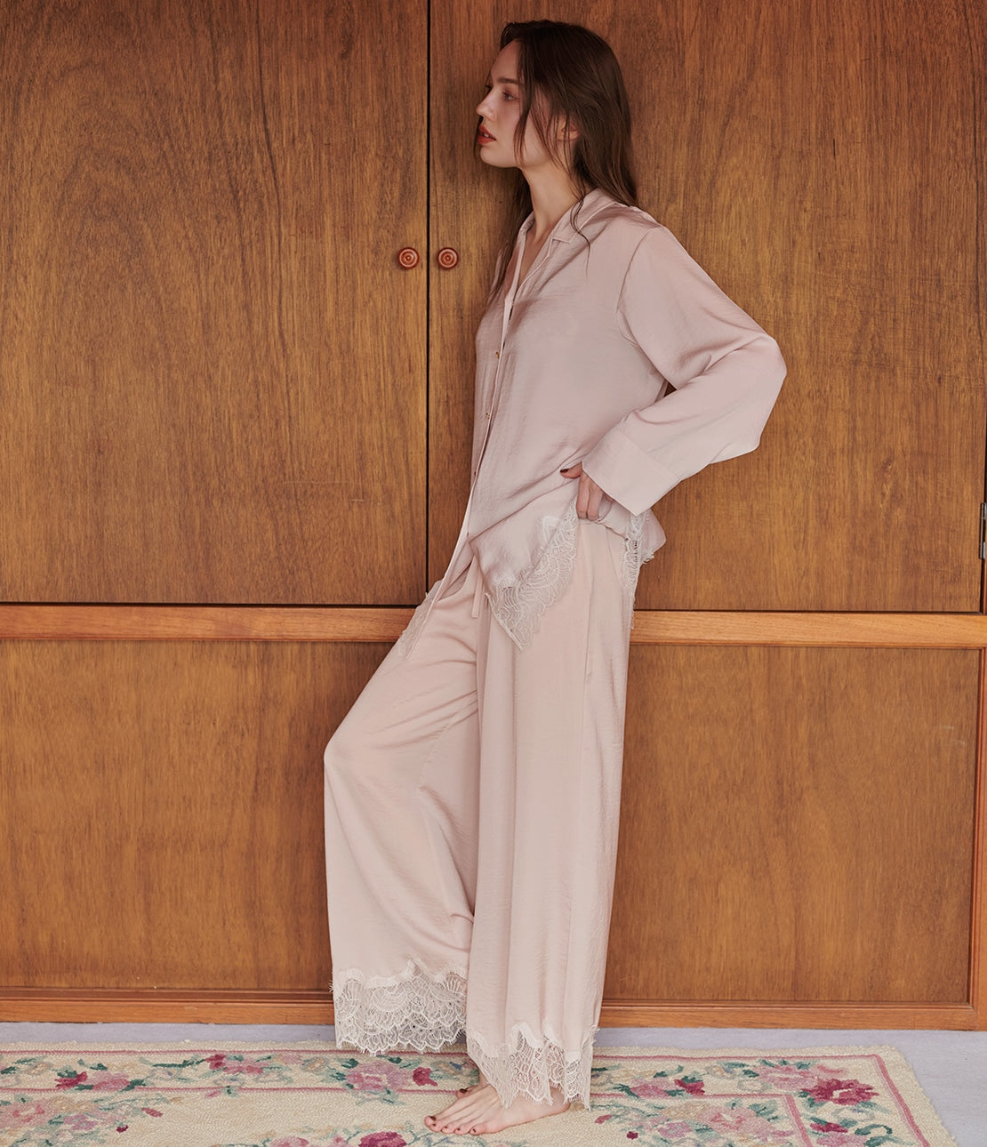 Giardino Satin Shirt Pajamas Smooth Satin & Eyelash Lace Luxury