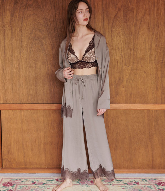 Giardino Satin Shirt Pajamas Smooth Satin & Eyelash Lace Luxury