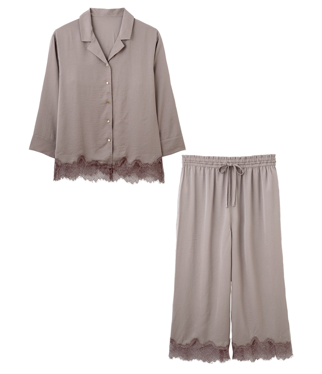 Giardino Satin Shirt Pajamas Smooth Satin & Eyelash Lace Luxury