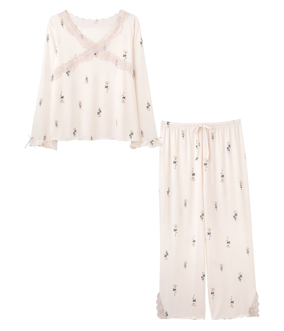 Feminine Lace-Trim Pajama Set Soft Cut & Sew Relaxed Loungewear