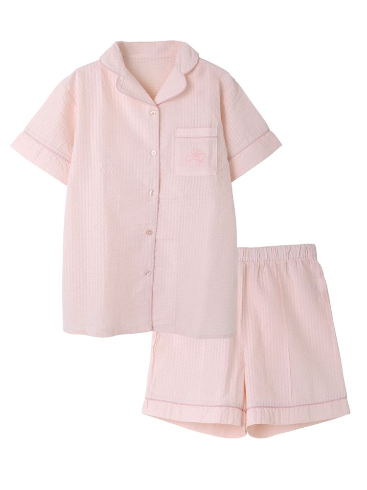 Breathable 100% Cotton Seersucker Pajamas Short-Sleeve Button-Front Set