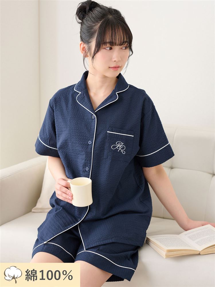 Breathable 100% Cotton Seersucker Pajamas Short-Sleeve Button-Front Set