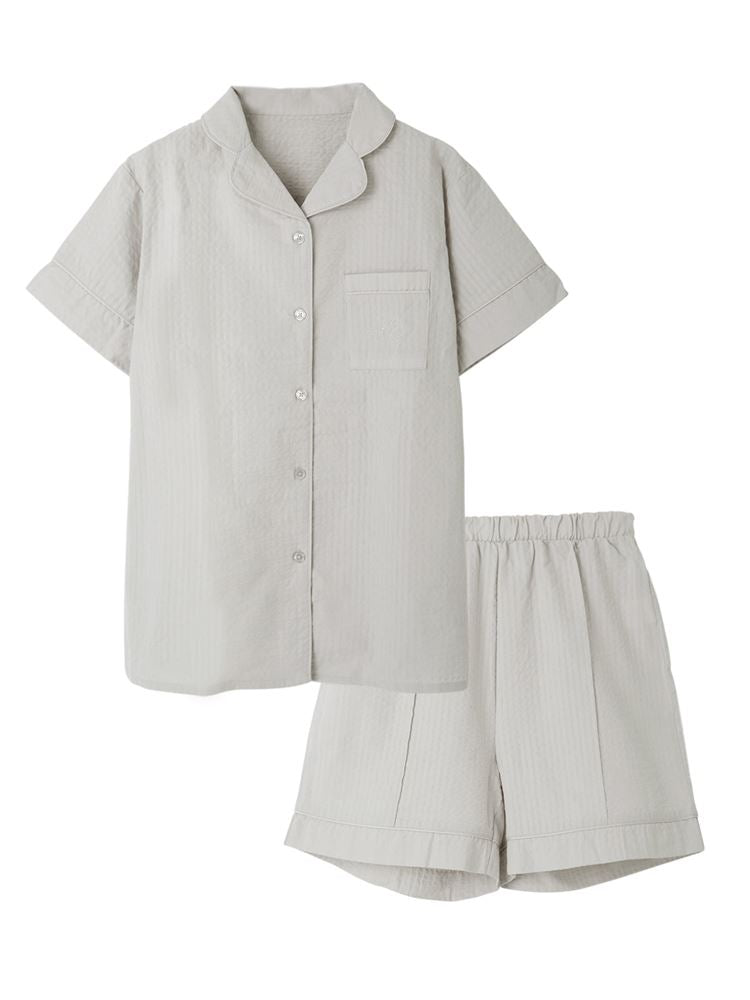 Breathable 100% Cotton Seersucker Pajamas Short-Sleeve Button-Front Set