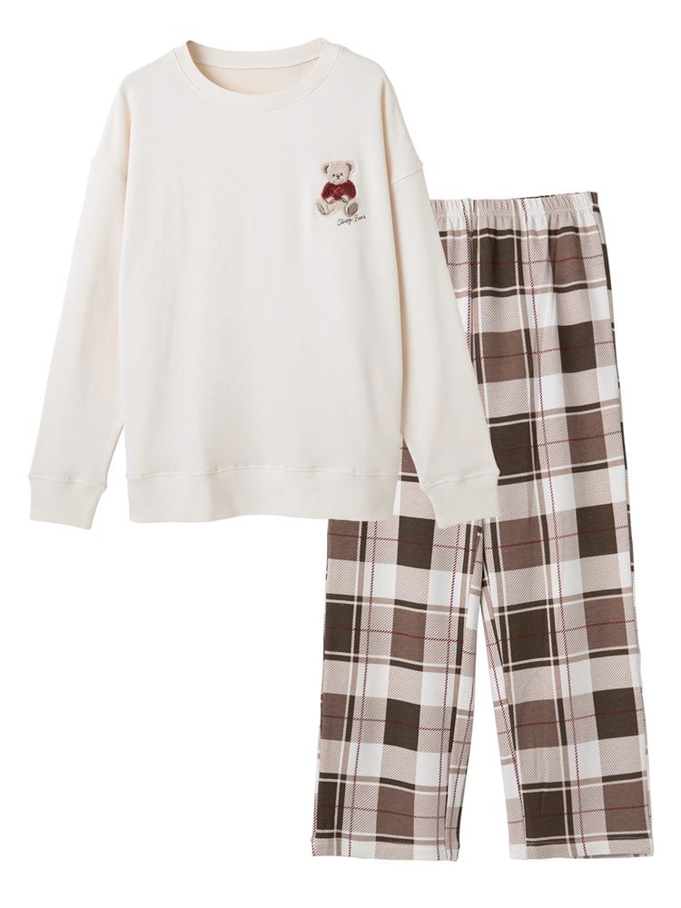 Temperature Control Bear Embroidery Pajamas | Cozy Long-Sleeve Set with Checkered Bottoms