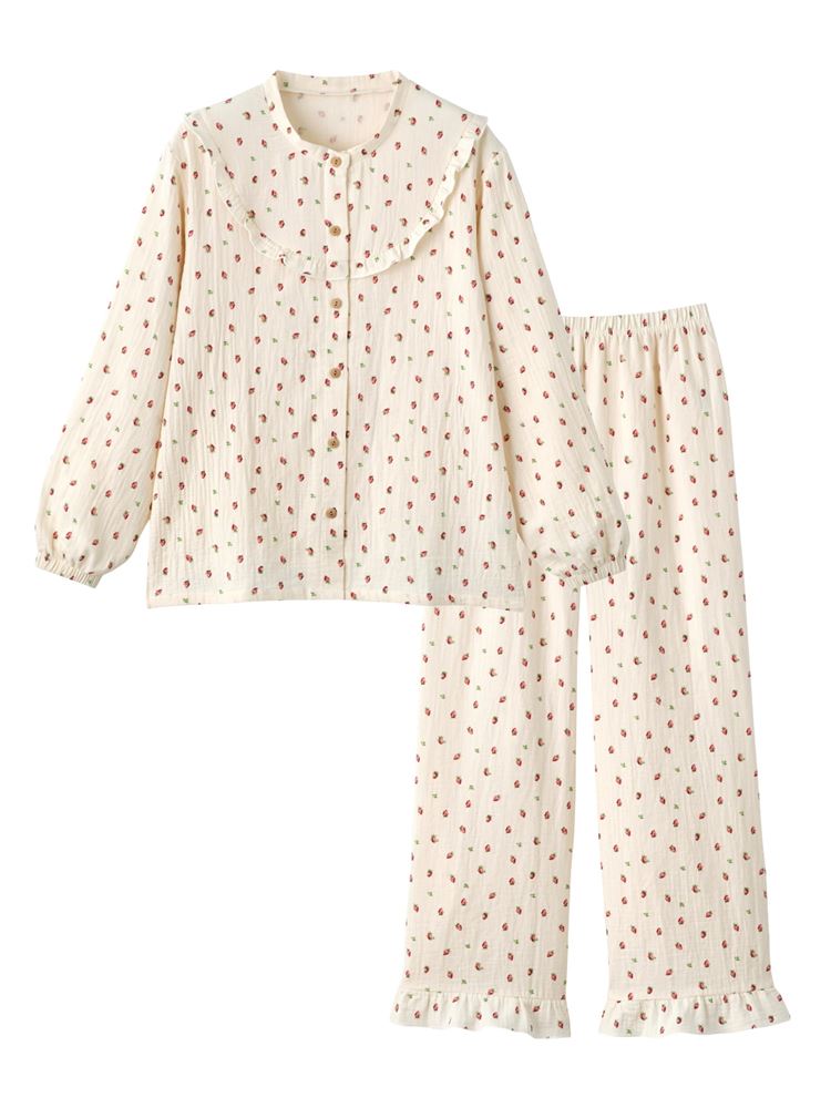 100% Cotton Double Gauze Fruit Print Pajama Set Soft, Breathable & Romantic Loungewear