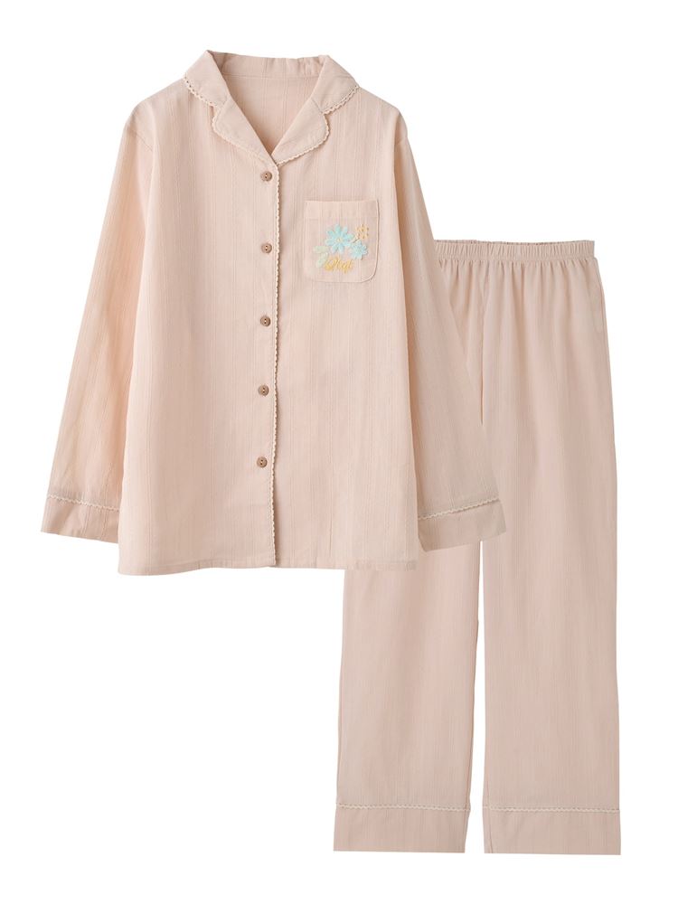 100% Cotton Floral Embroidered Button-Front Pajama Set | Soft & Breathable Loungewear