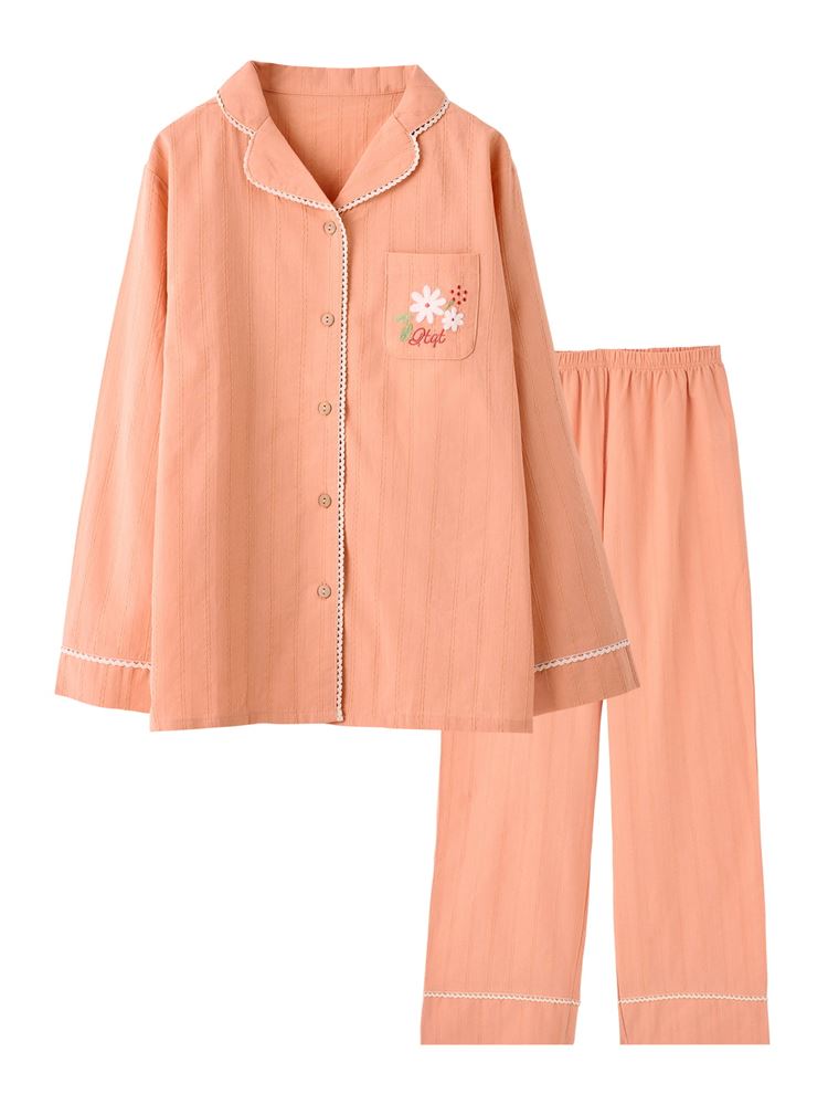100% Cotton Floral Embroidered Button-Front Pajama Set | Soft & Breathable Loungewear
