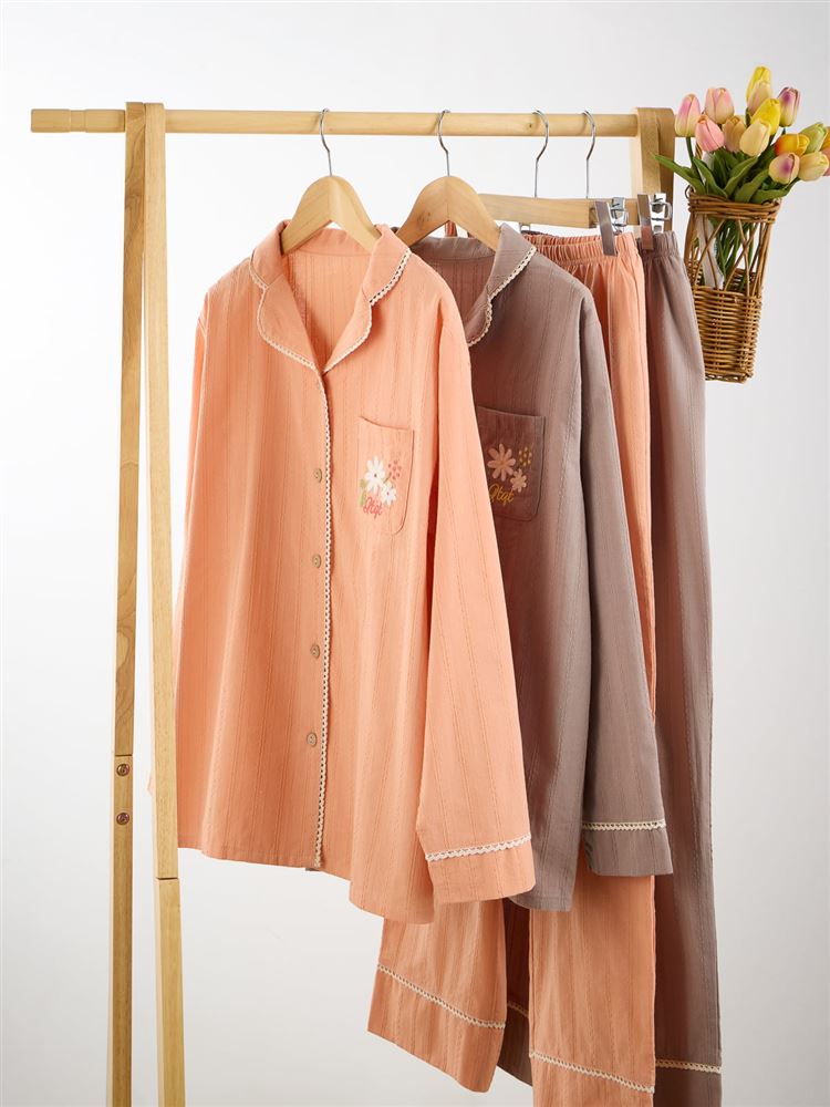 100% Cotton Floral Embroidered Button-Front Pajama Set | Soft & Breathable Loungewear