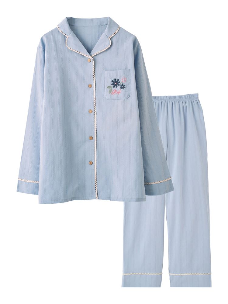 100% Cotton Floral Embroidered Button-Front Pajama Set | Soft & Breathable Loungewear