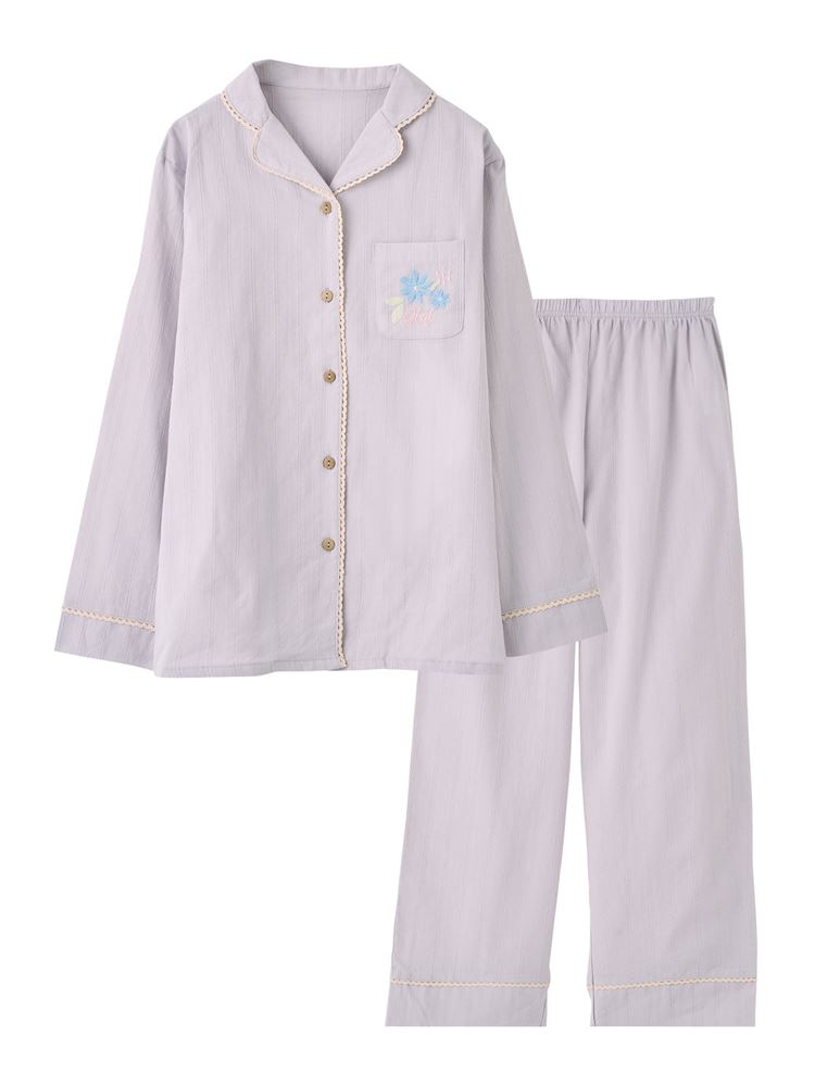 100% Cotton Floral Embroidered Button-Front Pajama Set | Soft & Breathable Loungewear