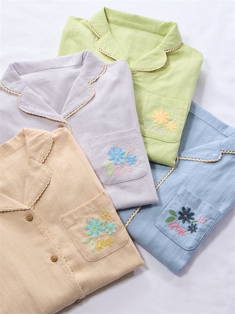 100% Cotton Floral Embroidered Button-Front Pajama Set | Soft & Breathable Loungewear