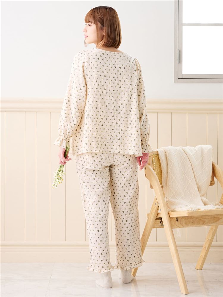 Cotton 100% Floral Double Gauze Long-Sleeve Button-Front Pajamas