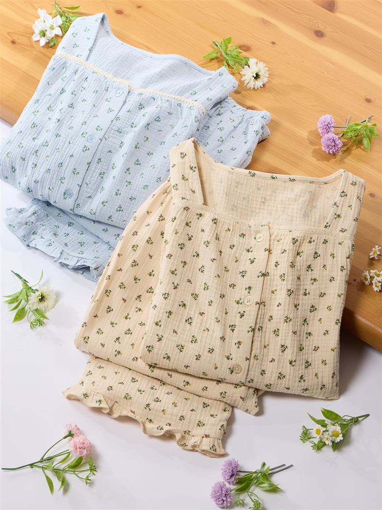 Cotton 100% Floral Double Gauze Long-Sleeve Button-Front Pajamas