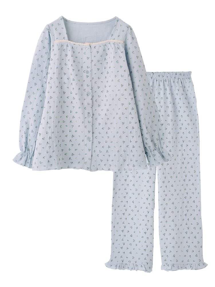 Cotton 100% Floral Double Gauze Long-Sleeve Button-Front Pajamas
