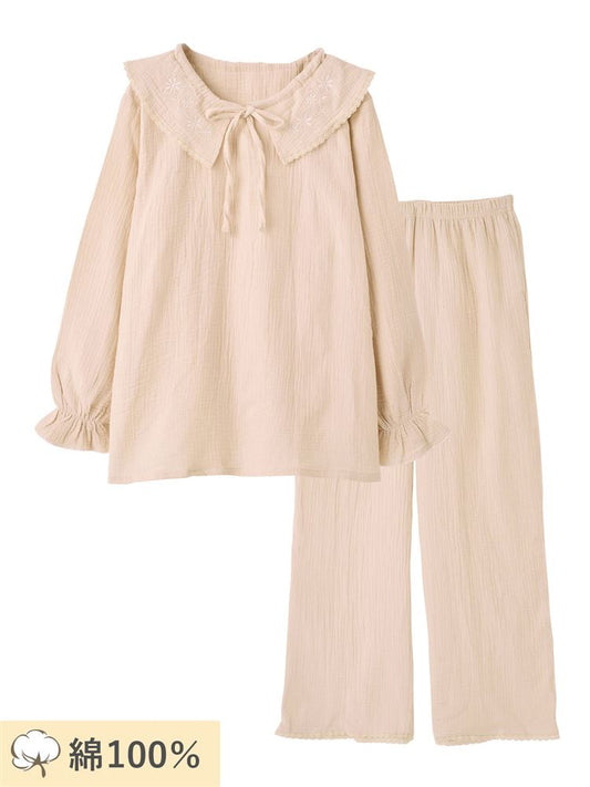 100% Cotton Botanical Embroidered Pajamas | Soft Double Gauze Sleepwear with Big Collar
