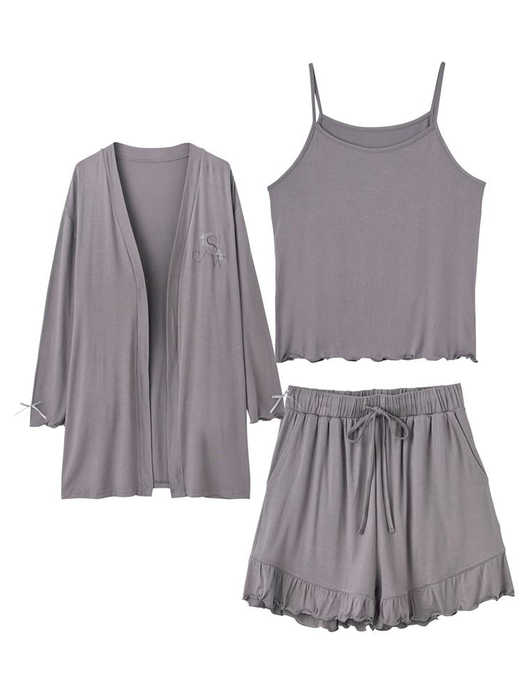 3-Piece Loungewear Set – Camisole, Shorts & Long Cardigan for Effortless Feminine Comfort