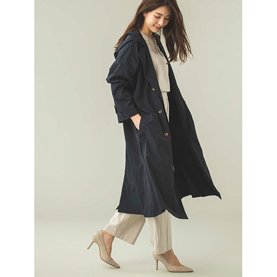 Because Oversized Trench Raincoat – Lightweight Nylon, Detachable Hood & Dust-Resistant (Beige/Navy)