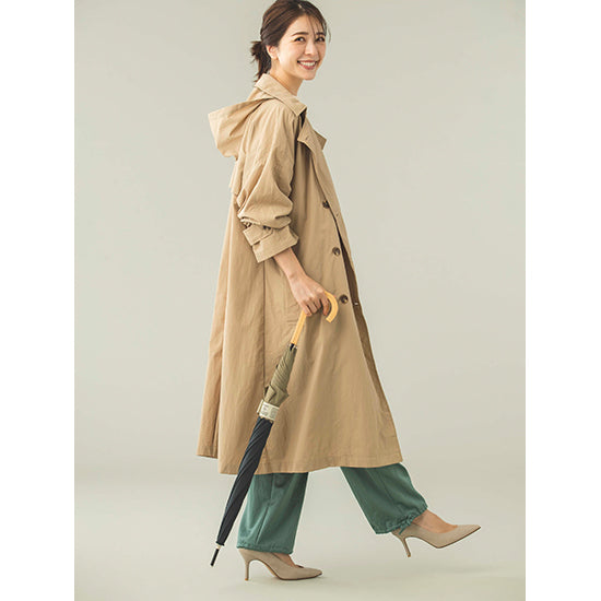 Because Oversized Trench Raincoat – Lightweight Nylon, Detachable Hood & Dust-Resistant (Beige/Navy)