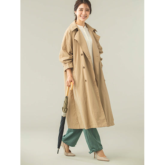 Because Oversized Trench Raincoat – Lightweight Nylon, Detachable Hood & Dust-Resistant (Beige/Navy)