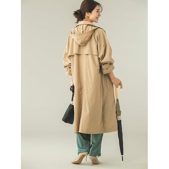 Because Oversized Trench Raincoat – Lightweight Nylon, Detachable Hood & Dust-Resistant (Beige/Navy)