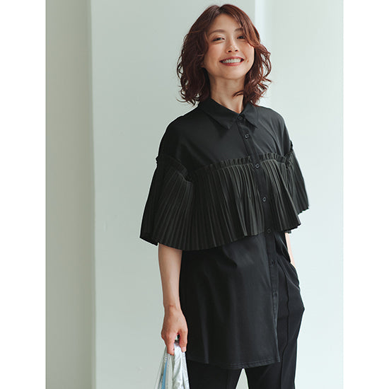 Fellini Decorative Pleated Collar Cotton Top Sophisticated Pleats with Everyday Ease