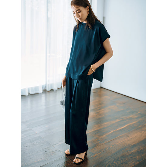 Emma Taylor Stretch Satin Tuck Wide-Leg Pants – Effortless Elegance (Navy/Charcoal/Black)