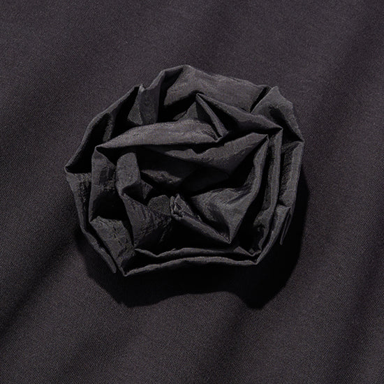 Emma Taylor Corsage-Overlay Ruffle Pullover β Detachable Floral Accent (White/Black)