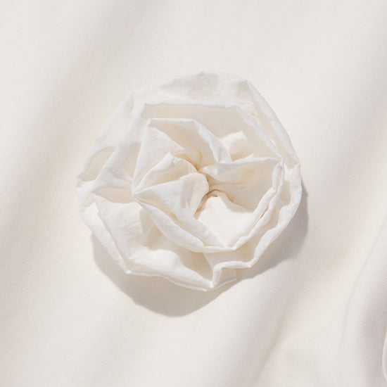 Emma Taylor Corsage-Overlay Ruffle Pullover β Detachable Floral Accent (White/Black)