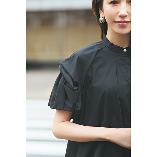SECRET TROPHY Mixed-Fabric Dress – Organza Hem, Pearl Button Detail – Black / Navy – Elegant One-Piece
