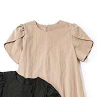 THREE SQUARE Water-Repellent Tulip Sleeve Dress – Dramatic Gather Hem – Black / Milk Tea – Washable One-Piece