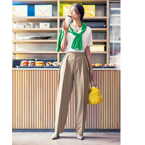 I.T'S INTERNATIONAL Tuck Curve Pants - Slimming Summer Trousers in Linen-Like Fabric (Beige/Mocha/Navy)