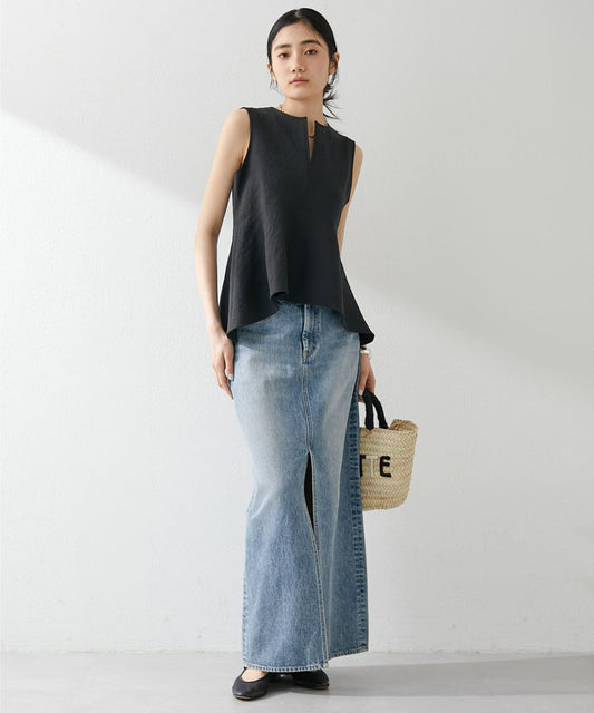 Whim Gazette Denim Slit Skirt Timeless Long Silhouette with Modern Edge