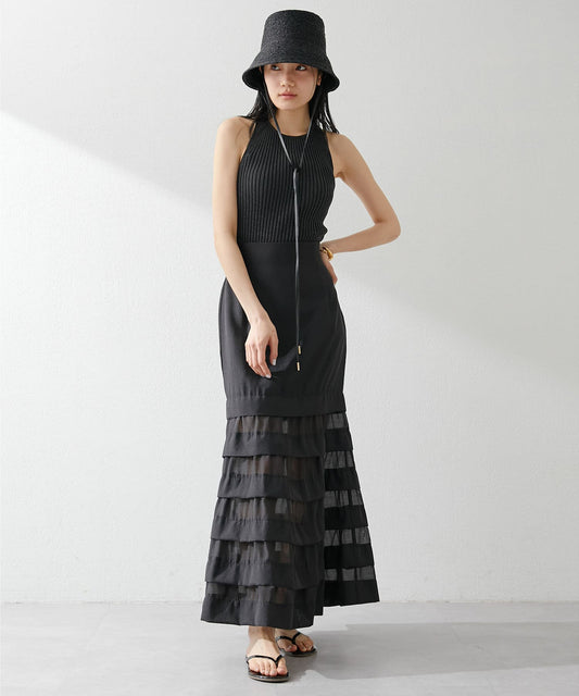 Whim Gazette Organza Mermaid Skirt 3 Elegant Sheer-Panel Long Skirt with Sculpted Silhouette