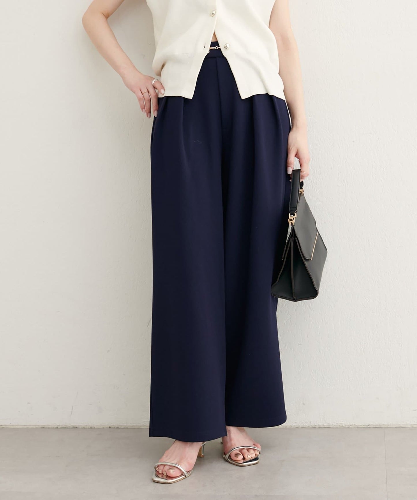 natural couture Bit Belt Stretch Pants | High-Waist Slim Straight Trousers with Gold Accent