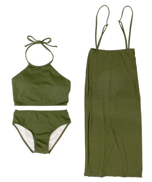 OSYAREVO Ribbed High-Neck Bikini Set with Long Skirt – Chic 3-Piece Swimsuit for Body-Flattering, Everyday Elegance