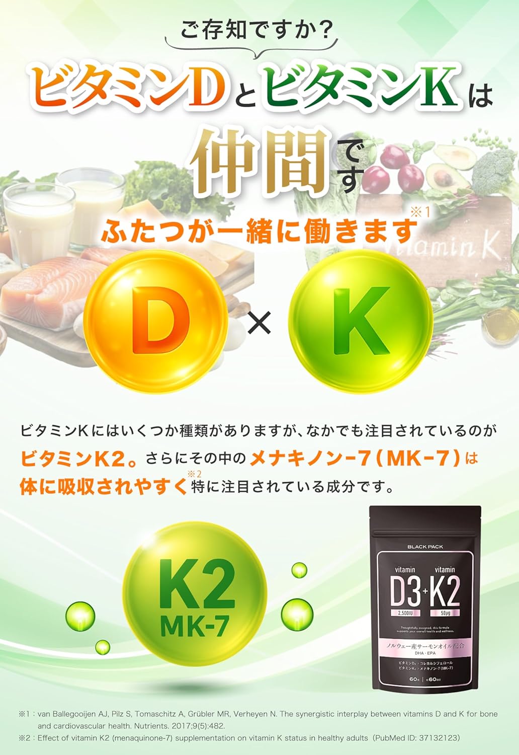 BLACK PACK Vitamin D3 2500IU + Vitamin K2 MK-7 Norwegian Salmon Oil with Omega-3 (DHA/EPA) | Vitamin E Antioxidant Non-GMO, Additive-Free, Made in Japan, GMP-Certified 60 Capsules (60-Day Supply)