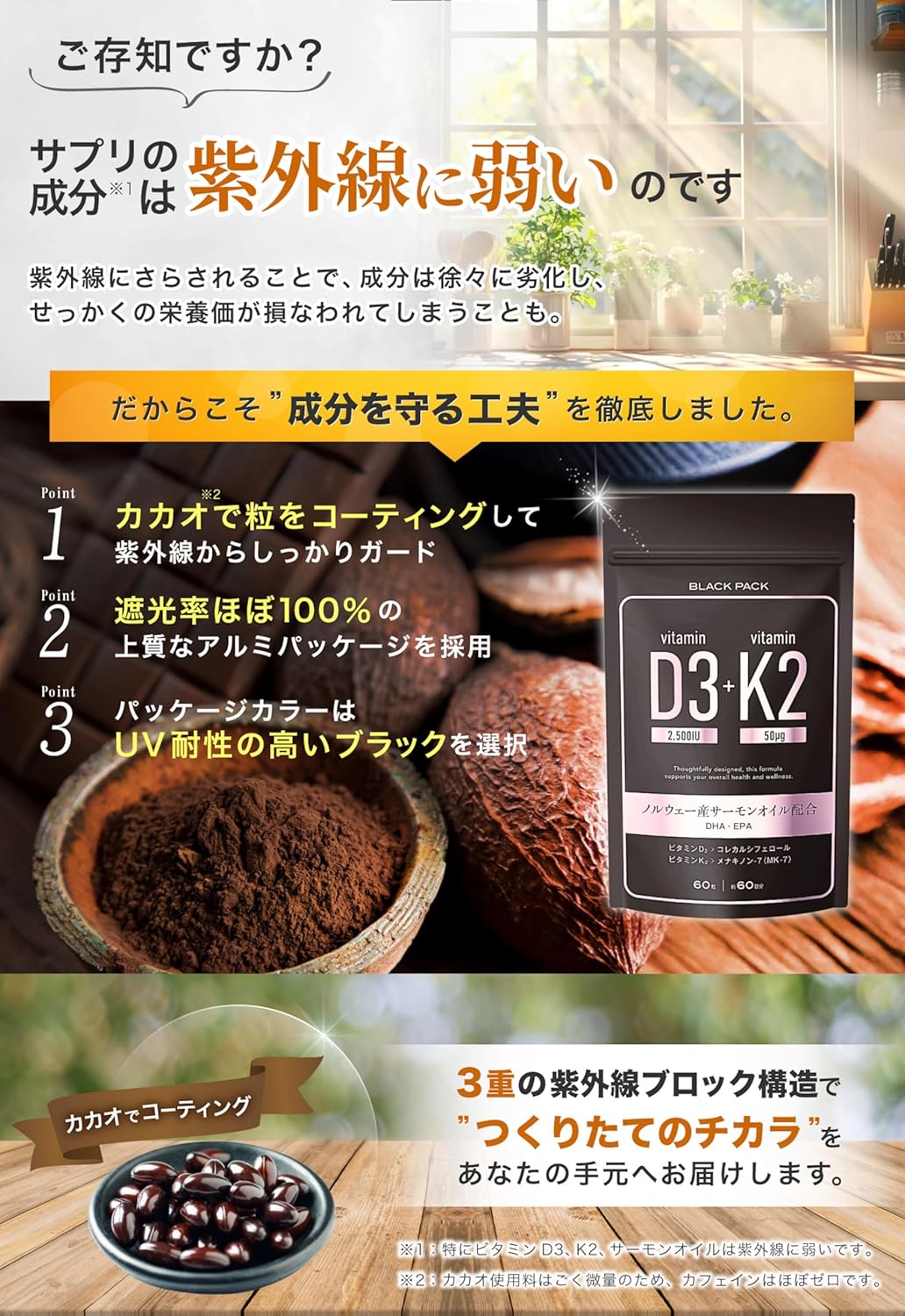 BLACK PACK Vitamin D3 2500IU + Vitamin K2 MK-7 Norwegian Salmon Oil with Omega-3 (DHA/EPA) | Vitamin E Antioxidant Non-GMO, Additive-Free, Made in Japan, GMP-Certified 60 Capsules (60-Day Supply)